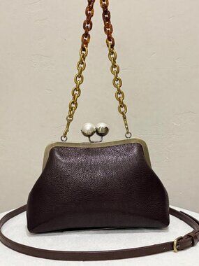 Chocolate Genuine Deerskin Leather Handmade Pearl Kisslock Frame Bag
